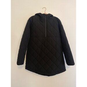 Quilted Long Length Black Hooded Pullover Jacket Half-Zip Size M
